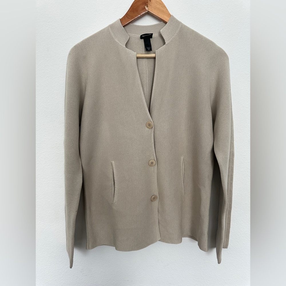 Eileen Fisher Silk Cotton Button Front‎ Cardigan Sweater Jacket XS Beige Tan